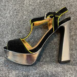 Qupid Womens Size 7 Black Yellow Silver Pump Pleaser Platform Heels Open Toe